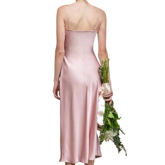 Blu Pepper Pink Satin Slip Midi Dress Faux Feather Trim NWT Medium - Picture 4 of 12